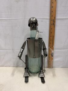 Metal Skier Wine Bottle Holder, Handcrafted Novelty Caddy, 14" Tall with Glass Bottle