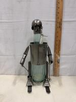 Metal Skier Wine Bottle Holder, Handcrafted Novelty Caddy, 14" Tall with Glass Bottle