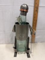 Metal Skier Wine Bottle Holder, Handcrafted Novelty Caddy, 14" Tall with Glass Bottle - 5