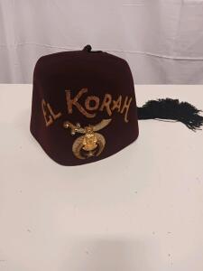 Shriners El Korah Fez Hat with Gold Embroidery and Emblem