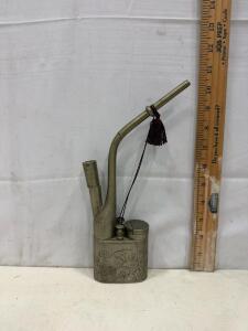Antique Chinese Pewter Water Pipe, Floral & Bird Engraving, 9.5-Inch, Hinged Lid, Asian Markings