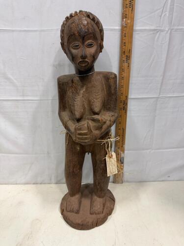Kongo Tribe Female Wooden Statue, 23" Tall, Hand-Carved with Raffia Waist