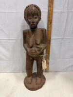Kongo Tribe Female Wooden Statue, 23" Tall, Hand-Carved with Raffia Waist