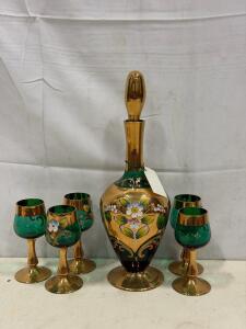Hand-Painted Bohemian Green & Gold Glass Decanter Set with Enamel Floral Design, 7 Pieces