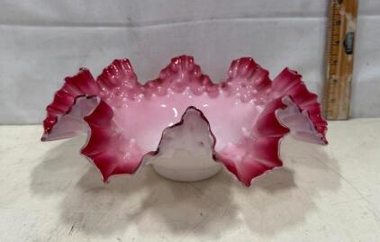 Fenton Cranberry Opalescent Hobnail Ruffled Glass Bowl, 10" Diameter, Vintage Art Glass USA