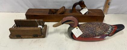Antique Wooden Hand Plane, Butter Mold Press, and Painted Duck Decoy - Vintage Collectibles Lot