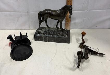 Vintage Sears Roebuck Hand-Crank Grinder, Camel Ashtray, Cast Metal Horse Figurine, 1920s-1950s