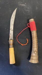 Traditional South Asian Curved Dagger, Steel Blade, Decorative Metal Sheath, Floral Motif