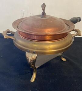 Vintage Copper & Brass Chafing Dish with Wooden Handle, Lid, Ornate Legs, Burner Included