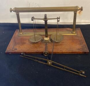 Antique Brass Double Pan Laboratory Balance Scale with Wooden Base, c. 1900, 18"x9"