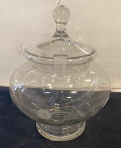 Large Clear Glass Apothecary Jar with Etched Floral Design and Lid