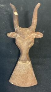 African Yoruba Iron Ceremonial Axe Head, Bull Motif, 11 in, 19th-20th Century, Tribal Art