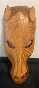 Hand-Carved Wooden Jaguar Mask with Textured Dot Pattern, 9" x 7" x 3.3"
