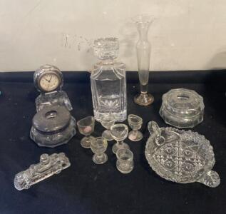 Vintage Pressed & Cut Glass Lot: Decanter, Clock, Vanity Jar, Train Figurine, Mini Glasses, Tray