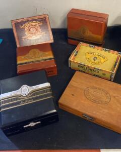 Lot of 5 Cigar Boxes: Perdomo Reserve, King Edward Imperial, Juan de Fuca, Wood/Cardboard