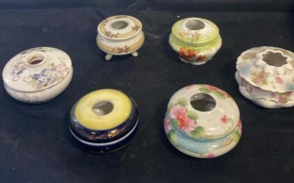 Set of 6 Antique Porcelain Floral Containers with Hand-Painted Floral Designs and Gold Trim