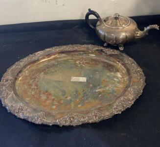Vintage Silverplate Teapot and Ornate Footed Serving Tray Set, Heavy Tarnish, Rococo Style
