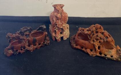 Chinese Hand-Carved Soapstone Brush Washer and Vase Set, Floral & Bird Motif, Early 20th Century