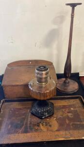 Antique Amber Glass Kerosene Table Lamp with Ribbed Design and Metal Burner and More