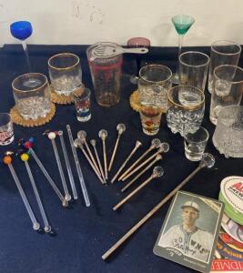 Vintage Barware Lot: 20+ Glasses, Swizzle Sticks, Mixing Glass, Coasters, Baseball Card Coaster, 1940s&ndash;1970s