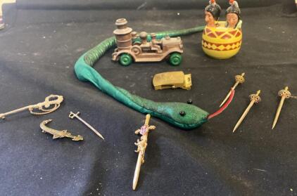 Vintage Collectible Lot: Cocktail Picks, Cast Toy Car, Whistle, Figurines, Toy Snake
