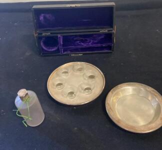 Vintage Portable Communion Set with Glass Cups and Silver-Tone Plates in Velvet-Lined Case
