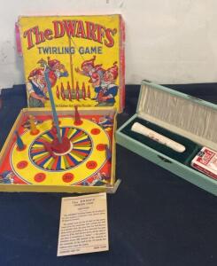 Vintage 1930s Dwarfs' Twirling Game Rosebud Art No. 65 & Hand-Painted Cribbage Board Set w/ Box