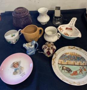 Assorted Vintage Ceramic & Porcelain Collectibles: Tijuana Plate, Vintage Miniatures, Pitchers