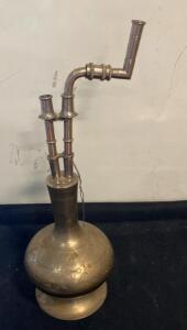 Antique Brass Hookah Water Pipe, 16in, 3-Stem, Engraved, Middle Eastern/South Asian, c. 20th Century