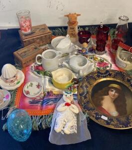Vintage Collectibles Lot &ndash; Art Plate, Glassware, Moo Cow Creamer, Wooden Boxes, Figurines, Red Glass