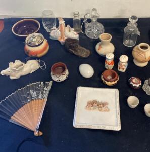 Assorted Vintage Decorative Lot: Cherub Dish, Ceramic Vases, Salt & Pepper, Glass Decanters, Fan