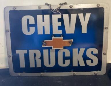 Chevy Trucks Blue Metal Sign, 24x18 in, Embossed Logo, Chain Mount, Heavy-Duty Frame