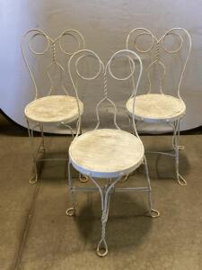 Set of 3 Vintage Wrought Iron Ice Cream Parlor Chairs with Distressed White Finish