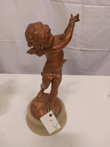 Antique Bronze-Tone Cherub Figurine on Marble Base, 10-12 Inches Tall