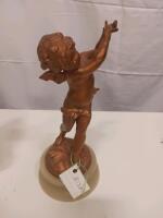 Antique Bronze-Tone Cherub Figurine on Marble Base, 10-12 Inches Tall