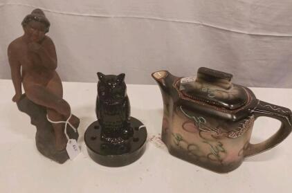 Vintage Black Ceramic Owl Flower Frog with 8-Hole Base, 6" Tall and More