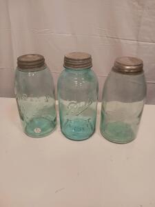Vintage Mason & Ball Quart Blue Glass Jars w/ Zinc Lids, Mason&rsquo;s Patent 1858, Set of 3, USA-Made