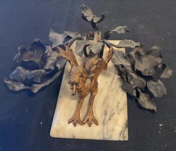 Antique Metal Dragon & Floral Sculpture on Marble Base, Cast Bronze/Iron, Ornamental