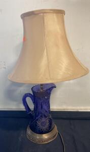 Cobalt Blue Cut Glass Pitcher Table Lamp with Brass Base and Fabric Shade, Starburst Pattern, 22" ( Working )
