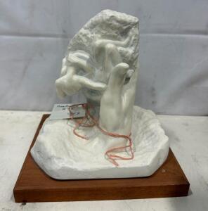 Italian Ceramic Hand Sculpture 1965 AMR Signed, Abstract Modern Art, Wood Base, Made in Italy