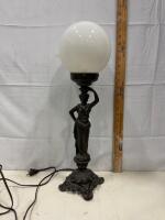 Art Deco Figural Table Lamp Lady Statue, 23.5" Opal Glass Globe, Bronze-Finish Base