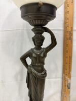Art Deco Figural Table Lamp Lady Statue, 23.5" Opal Glass Globe, Bronze-Finish Base - 3