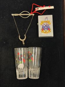 Collectible Lot: Portuguese Souvenir Shot Glasses, West Coast Choppers Lighter, Sterling Silver Brooch