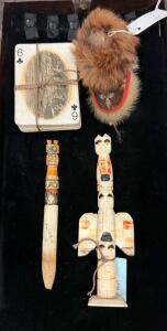 Alaska Native Style Carved Bone Letter Opener, Totem Pole, Vintage Cards & Fur Pouch Set