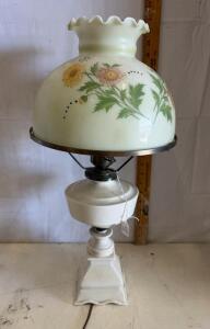 Vintage Floral Glass Electric Table Lamp, 21" Tall, Cream with Ruffled Shade and Ceramic Base
