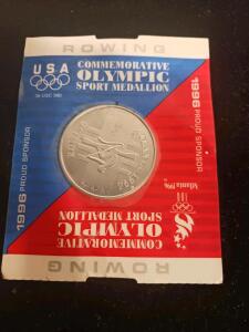 1996 General Mills Olympic Rowing Medallion, Aluminum, 1.54" Diameter, Original Packaging
