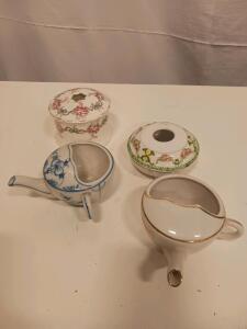 Antique Porcelain Invalid Cups & Shaving Scuttles, Blue Floral & Gold Trim, Rose Garland Patterns