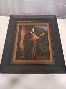 Simon Dewey Framed Canvas Print &ndash; Woman Holding Lamp, Ornate Black Frame