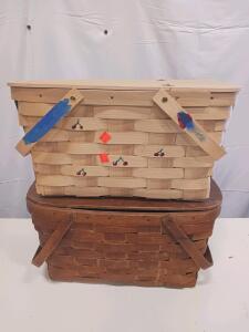 Vintage & Modern Woven Picnic Baskets, Hinged Lids, Cherry Painted Design, Wooden Handles