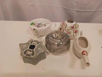 Lot of Five Vintage & Antique Porcelain, Ceramic, and Glass Inkwells